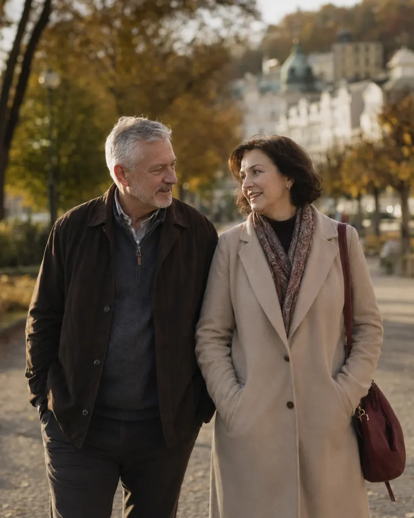 Ein reifes Paar geht lächelnd gemeinsam durch einen herbstlichen Park